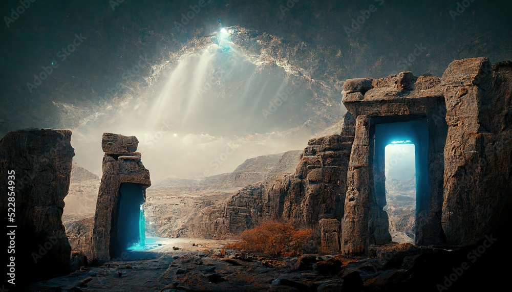 Raster illustration of portal in ancient stone structures in the middle of the desert. Portal to another world, ancient egypt, magic, mysticism, beam of light from heaven. 3D artwork background - obrazy, fototapety, plakaty 