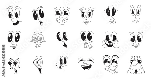Mascot characters set vector in retro 30s cartoon style. Cute, funny faces, as examples of 50s, 60s old animation style.