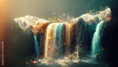 Raster illustration of waterfall with colorful splashes. Water drops sparkling in the sun. Mountain river, lanscape in blue and orange colors, reservoir bottom. Nature concept. 3D artwork background