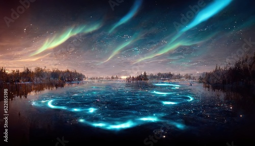 Fotografie, Obraz Northen lights over lake surrounded by forest