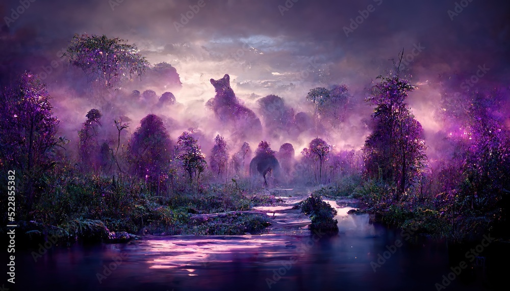 Raster illustration of river deep in the jungle. Neon purple glow ...