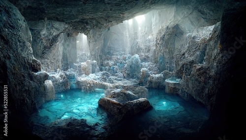 Fotografia Raster illustration of underground lakes in a marble cave