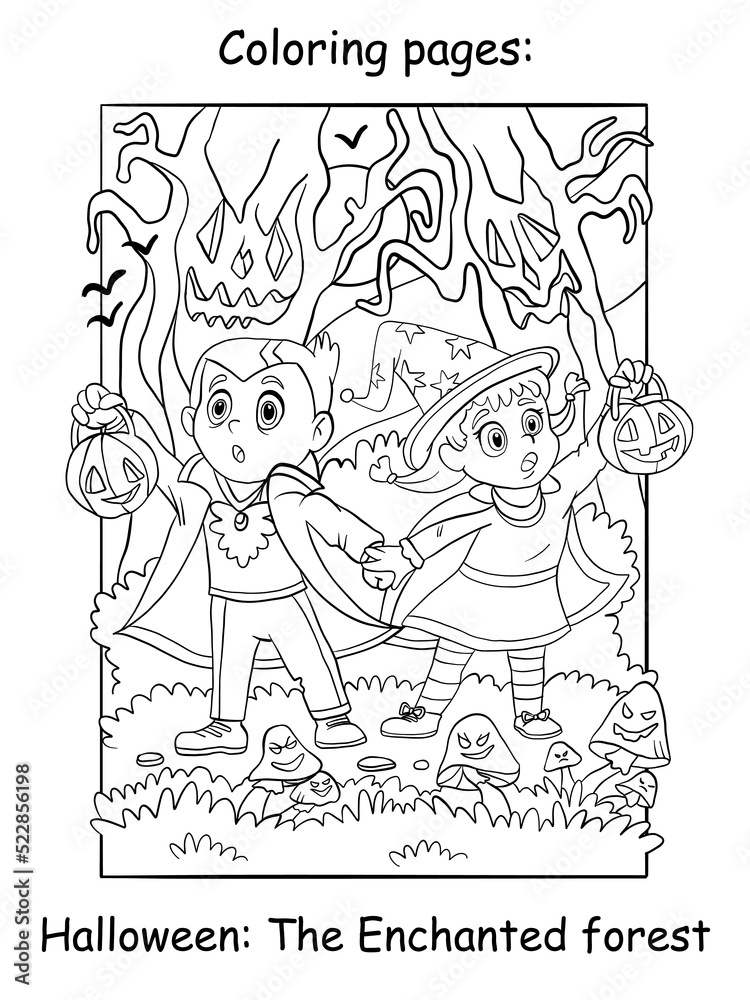 Coloring Halloween children in an enchanted forest vector illustration