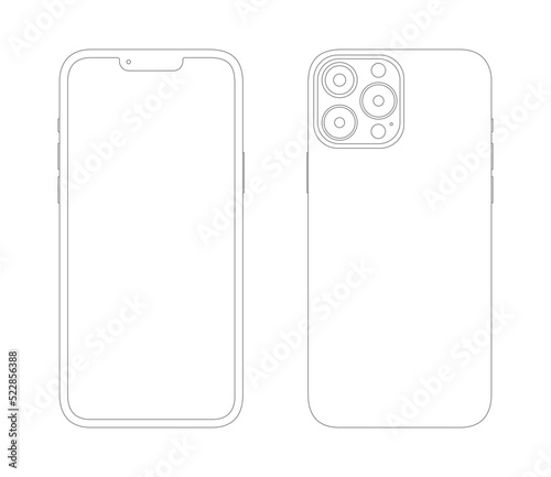 Phone mockup. Wireframe front and back white screen. Smart phone wireframe. Front and back design outlined smartphone. Mobile phone mockup.