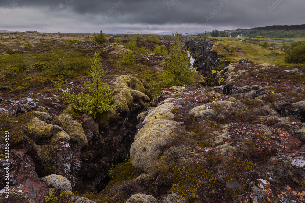 View of the seismic rift valley between the Eurasian and North American tectonic plates in the Tingvellir National Park, Iceland.
