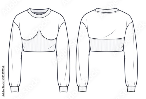Women's Crop Sweatshirt fashion tehnical drawing template. Sweatshirt template, front and back view, white colour, rib collar and hem, CAD mock-up.