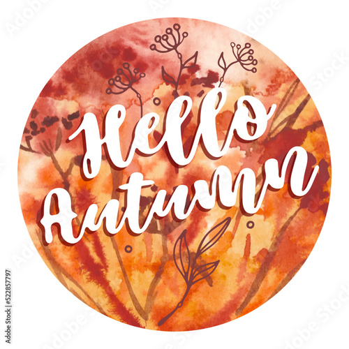 Hello Autumn lettering on Watercolor circle background. Design Fall banner Vector Illustration