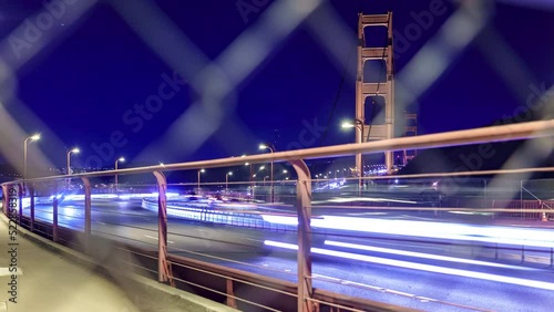 Golden Gate Bridge Blue Hour Traffic San Francisco Through Chain Link Fence Timelapse