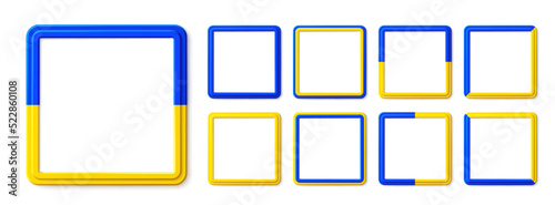 Set of realistic square frame with shadow in Ukraine flag color. Modern 3d vector illustration. Blank border is patriotic concept for social media, marketing presentation, patriot decoration design