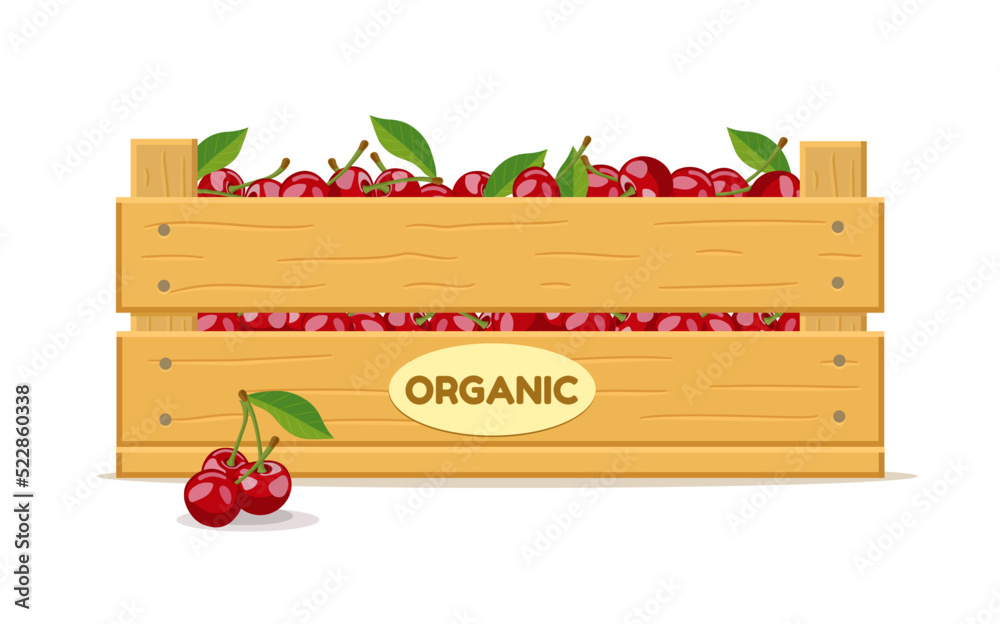 Wooden box with cherries. Fruit box icon. Vector illustration isolated on white background. Wooden box with cherries. Fruit box icon. Vector illustration isolated on white background.