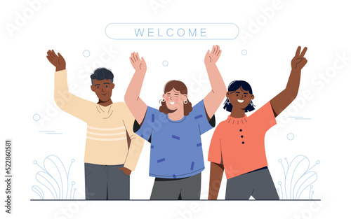 Cheerful people concept. Employees welcome newcomer to company or organization. Poster or banner for website. Men and women waving their hands, greeting persons. Cartoon flat vector illustration