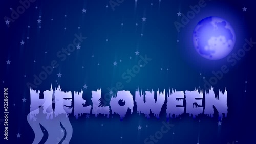 The inscription Halloween against the background of the sky with stars and the full moon, a ghost rises and a creepy pumpkin with burning eyes and wings flies. Looped animation.