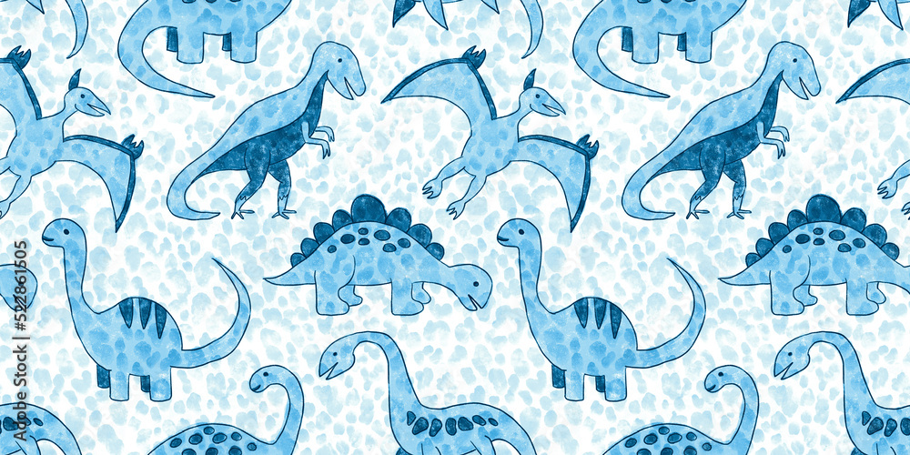 Seamless hand drawn pastel baby blue dinosaur pattern with polka dot  leopard spots background. Kids watercolor and crayon art cartoon dino  silhouettes. Boys baby shower or nursery wallpaper backdrop. Stock  Illustration |