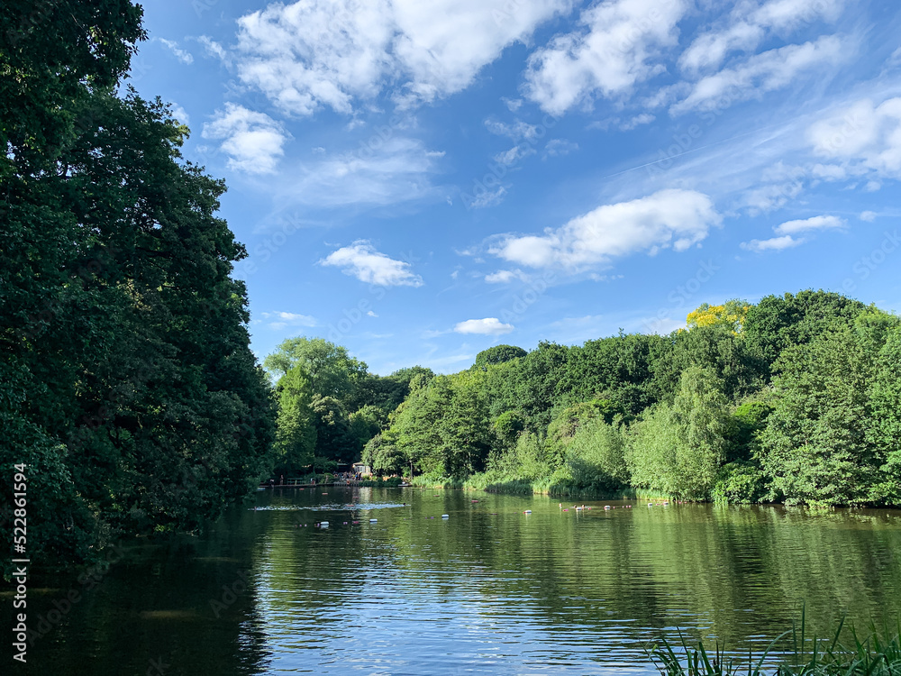 Late summer view of Hampstead Heath park. Highgate No 3 Pond in Hampstead Heath. It is the mixed bathing pond, where both sexes may swim. Hampstead Heath is a large, ancient London heath, covering 320