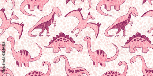 Fototapeta Naklejka Na Ścianę i Meble -  Seamless hand drawn pastel baby pink dinosaur pattern with polka dot leopard spots background. Kids watercolor and crayon art cartoon dino silhouettes. Girls baby shower or nursery wallpaper backdrop.