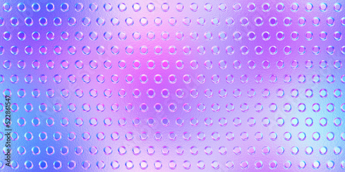 Seamless 80s holographic pink and blue perforated ribbed circle plastic jelly plexiglass mesh background texture. Iridescent abstract neon webpunk or vaporwave aesthetic surreal pattern. 3D rendering. photo