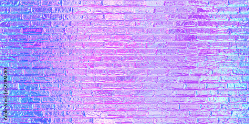 Seamless 80s holographic pink, and blue plastic jelly plexiglass brick wall mosaic background texture. Trendy iridescent abstract neon webpunk or vaporwave aesthetic surreal pattern. 3D rendering..