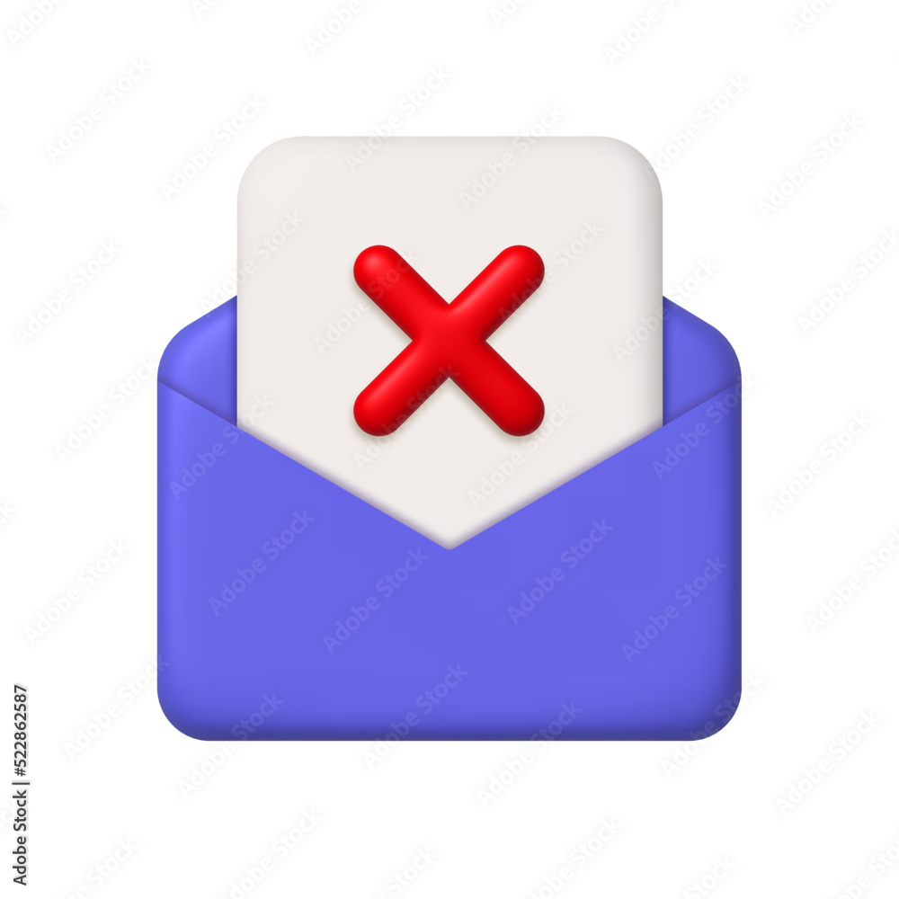 New message 3d icon. Purple open mail envelope and sheet of paper with cross mark. 3d realistic vector design element. New message 3d icon. Purple open mail envelope and sheet of paper with cross mark. 3d realistic vector design element.