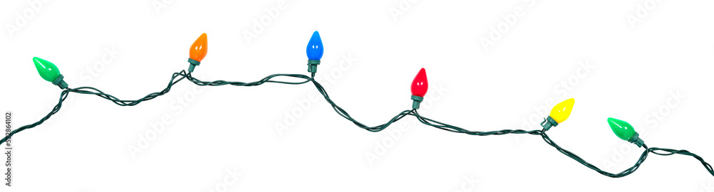 Border of festive colorful holiday light string isolated on a transparent background
	 - obrazy, fototapety, plakaty 
