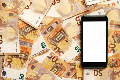smartphone with blank display mockup screen on 50 euro banknotes. Money paper. Concept of business, investment and income growth. Modern technology, communication and online trade using gadget concept