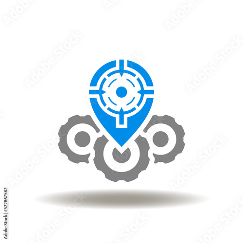 Vector illustration of gear mechanism pin map marker and aim sign. Icon of FSM Field Service Management. Symbol of navigation, location public sector.