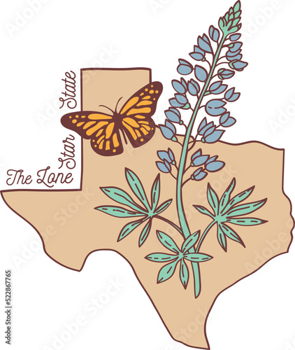 Texas vector map with bluebonnet and monarch butterfly