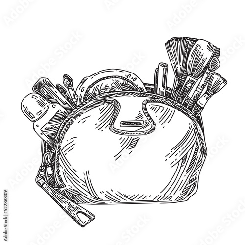 Cosmetic bag with set of cosmetic. Sketch. Engraving style. Vector illustration.