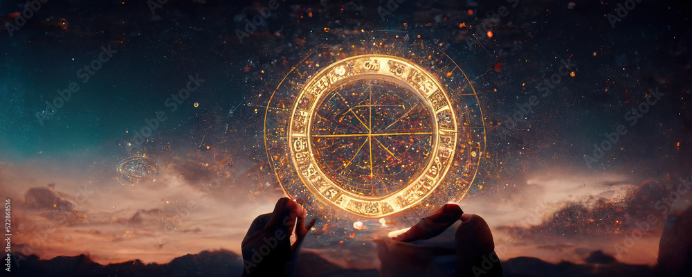 Backdrop of sacred zodiac symbols, astrology, alchemy, magic, sorcery and fortune telling. AI-generated digital painting. - obrazy, fototapety, plakaty 