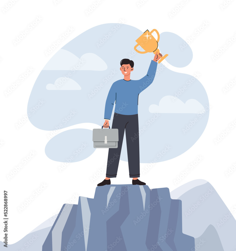 Successful business concept. Man with golden goblet on rock. Metaphor of motivation and achievement of goals, leader on top. Talented entrepreneur or investor. Cartoon flat vector illustration Successful business concept. Man with golden goblet on rock. Metaphor of motivation and achievement of goals, leader on top. Talented entrepreneur or investor. Cartoon flat vector illustration