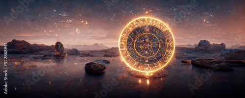 Backdrop of sacred zodiac symbols, astrology, alchemy, magic, sorcery and fortune telling. AI-generated digital painting.