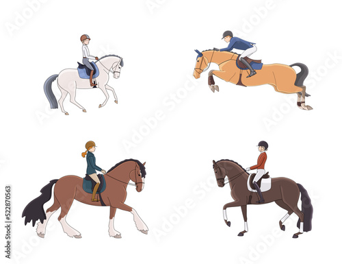 Different directions of equestrian sports, show jumping, dressage, pony riding, hobbies