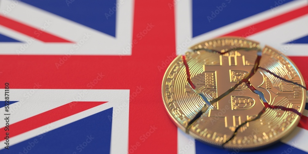 Flag of Great Britain and destroyed bitcoin. Cryptocurrency ban or restrictions related 3d rendering