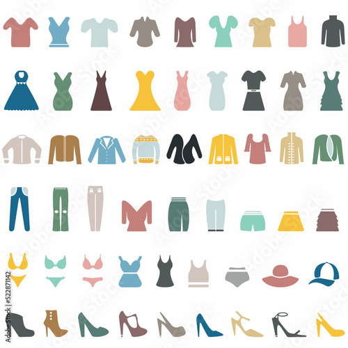 Clothes for women and men in color on a white background