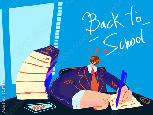 Red-haired schoolboy in uniform writes an exam test in the classroom. Vector illustration of a student on a test. Back to school concept on September 1st. Workplace with books and documents.