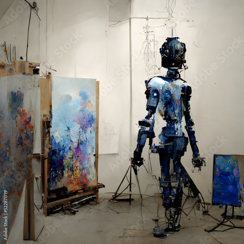 anthropomorphic robot artist in the studio next to the easel, painting and paints while working - neural network generated art, picture produced with ai from scratch photo