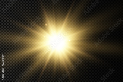 Glow bright light star, yellow sun rays, sunshine.