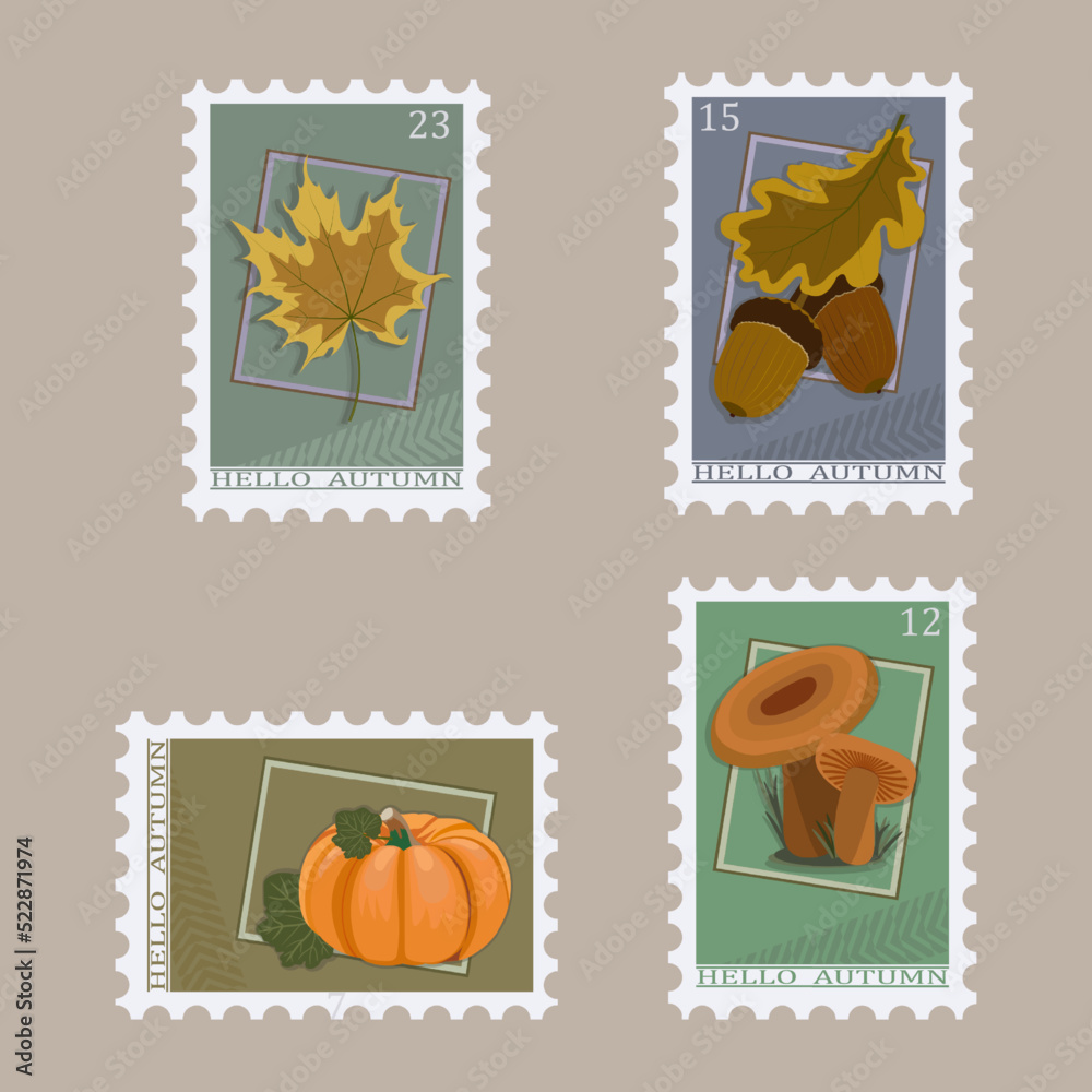 Post stamps set. Hello autumn, maple leaf, mushrooms, acorns, pumpkin.  Vector illustration.