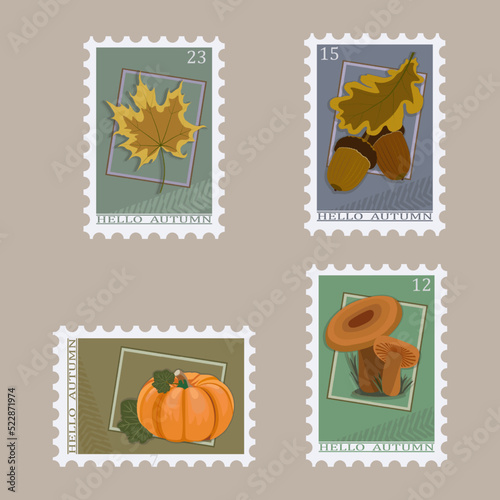 Post stamps set. Hello autumn  maple leaf  mushrooms  acorns  pumpkin.  Vector illustration.