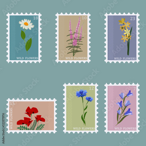 Post stamps set with wild flowers. Vector illustration.