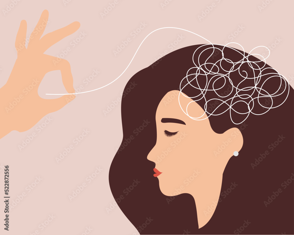 Woman suffering from stress and depression get a help. Girl with tangled negative thoughts gets support from a psychologist. Mental health disorders and psychological problems concept. Vector stock.