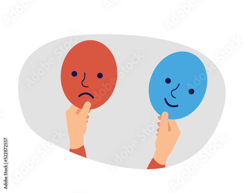 Two hands of a person holds two masks and suffers from split dual personality disorder . Illustration of schizophrenia. Bipolar and duality, psychology, mood swings concept. Vector illustration