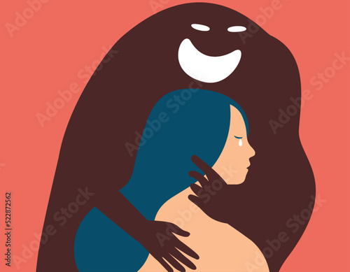Woman cries and suffers from sexual harassment or schizophrenia. Dark evil shadow harassed a female. Girl needs help due to domestic violence. Stop Violence or abuse against women awareness concept.