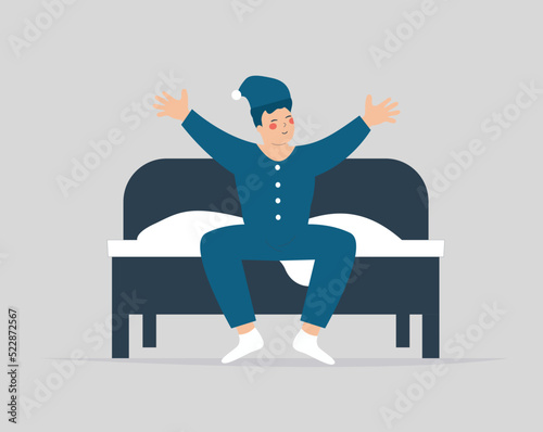 Man awake from sleep wearing a pyjamas in the morning. Happy teenage boy gets out of the cozy bed and stretching his arms. Concept of good mood, healthy lifestyle and mental wellbeing. Vector stock
