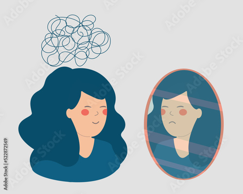 Woman looks to her real reflection. Girl with tangles thoughts sees her true feelings in the mirror. Breakdown in the relation between thought and emotion. Schizophrenia, bipolar, mental health.