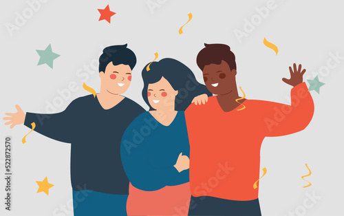 Excited happy friends celebrating an event. Set of young people celebrating win or goal achievement. Concept of victory, success, Healthy lifestyle, youth and friendship day. Vector illustration.
