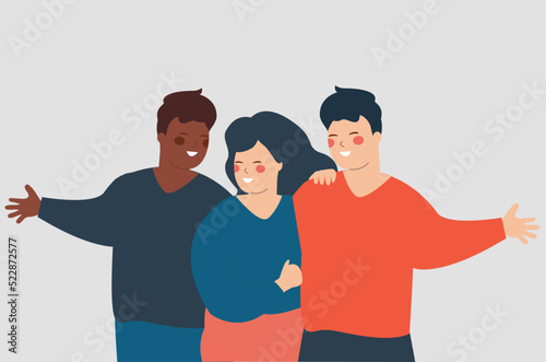 Group of young people from different ethnicities hugging each other and celebrating an event. Set of friends embrace  each other and dance. Illustration of Happy youth Day or back to school concept.