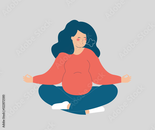 Young woman expecting a baby and practicing breathing exercises. Pregnant sits in yoga lotus position and makes inhale exhale. Concept of new maternity mental health wellbeing and respiratory system.