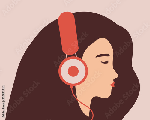 Young woman listens to music in big headphones. Side view character of teenage girl wearing earphones. Concept of Music therapy and mental health rehabilitation. Vector Stock
