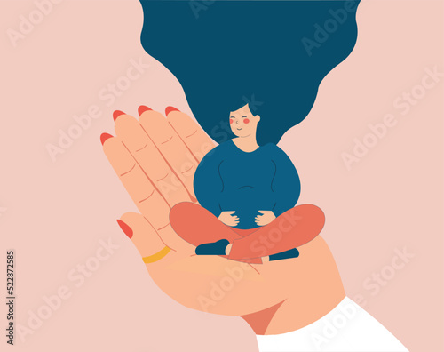 Pregnant woman sitting in lotus position on a big hand during examination. Breathing exercises for pregnancy. Maternity women who need support. Concept of hospital care, Gynecologist. Vector stock
