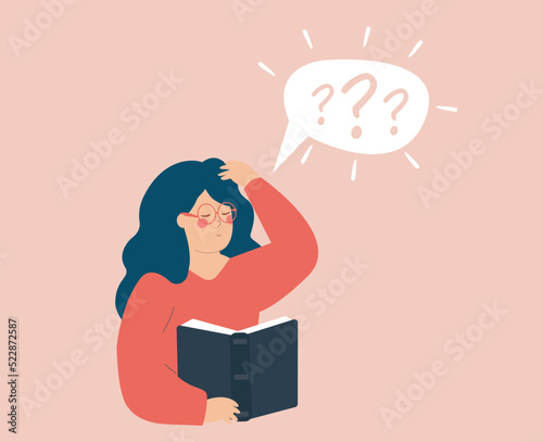 Young woman thinking about what she has read in the book and ask questions. Confused girl with speech bubble above concerning the book. Research and learning concept. Vector stock

